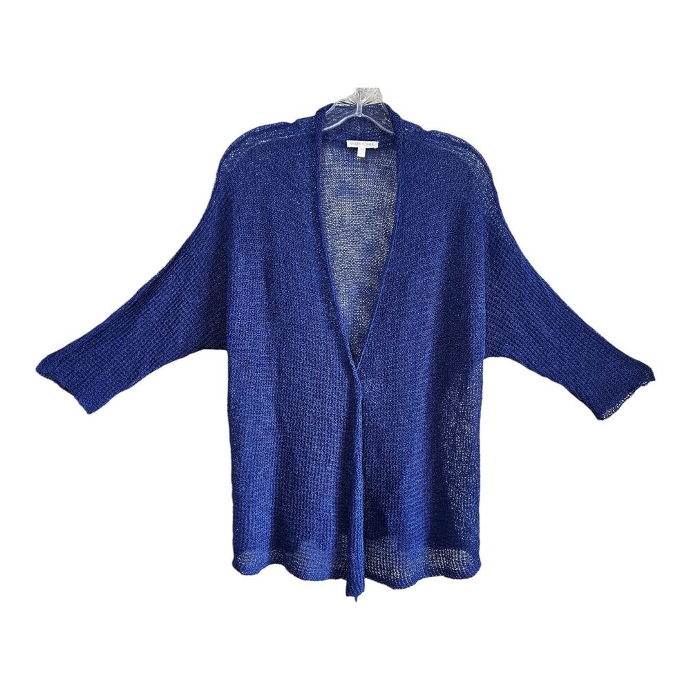 EILEEN FISHER Size L Cardigan Sweater Mesh Royal Blue Open Front Linen Cotton 42